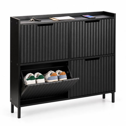 Tilt-Out Shoe Cabinet with 4 Compartments, Ribbed Front, Black, Up to 8 Pairs