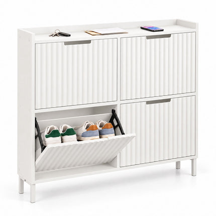 Tilt-Out Shoe Cabinet with 4 Compartments, Ribbed Front, White, Up to 8 Pairs
