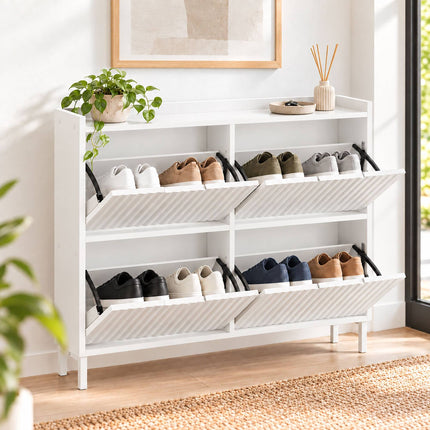 Tilt-Out Shoe Cabinet with 4 Compartments, Ribbed Front, White, Up to 8 Pairs