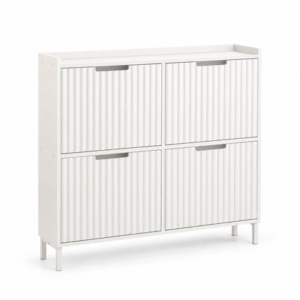 Tilt-Out Shoe Cabinet with 4 Compartments, Ribbed Front, White, Up to 8 Pairs