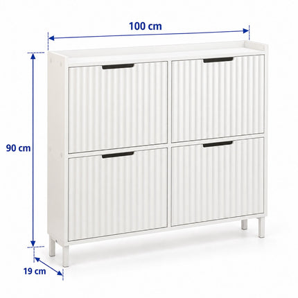 Tilt-Out Shoe Cabinet with 4 Compartments, Ribbed Front, White, Up to 8 Pairs