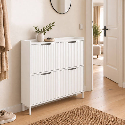 Tilt-Out Shoe Cabinet with 4 Compartments, Ribbed Front, White, Up to 8 Pairs