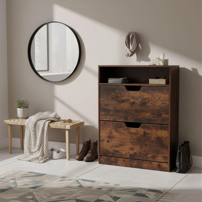 Tilt-Out Shoe Cabinet with Open Shelf, Adjustable Dividers