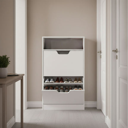 Kippbarer Schuhschrank mit offenem Regal