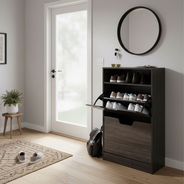 Tilt-Out Shoe Cabinet with Open Shelf Storage