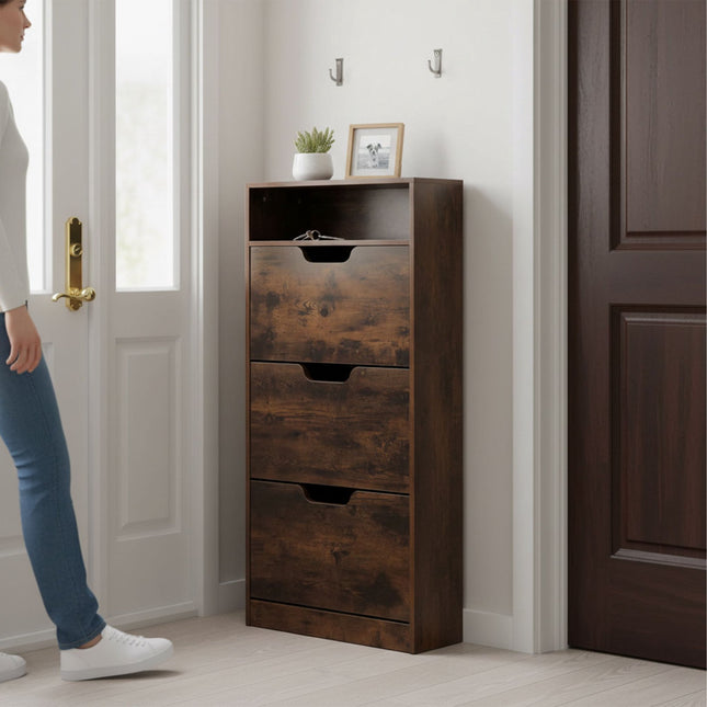 Tilting Shoe Cabinet with Adjustable Compartments & Shelf