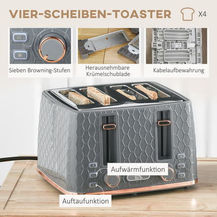 Toaster & Kettle Set, 1.7L, 4-Slice, Grey Plastic