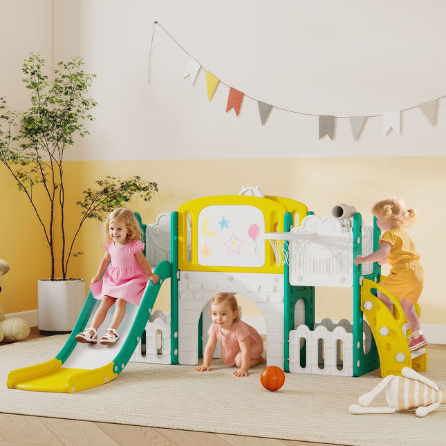 Kleinkind 7-in-1-Rutsch-Set mit Basketballkorb, drinnen/draußen