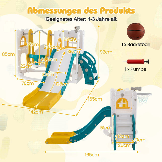 Kleinkind 7-in-1 Rutsch- und Schaukelset mit Basketball, Gelb