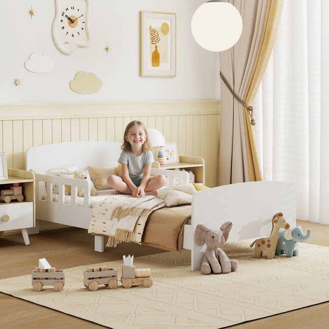 Kleinkindbett mit Rausfallschutz, MDF, Alter 3–8, Weiß