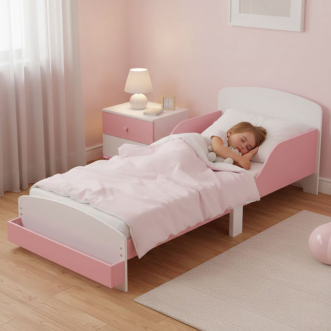 Kleinkinder-Bodenbett mit Gitter, Weiß/Rosa, Regalaufbewahrung
