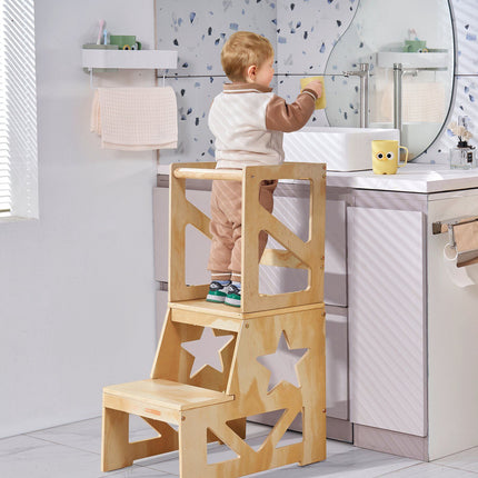 Toddler Learning Tower Step Stool, Pine Wood, Safety Rail
