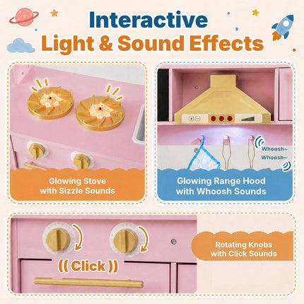 Toddler Play Kitchen with Stove, Oven and Range Hood Lights, Pink, Ages 3+