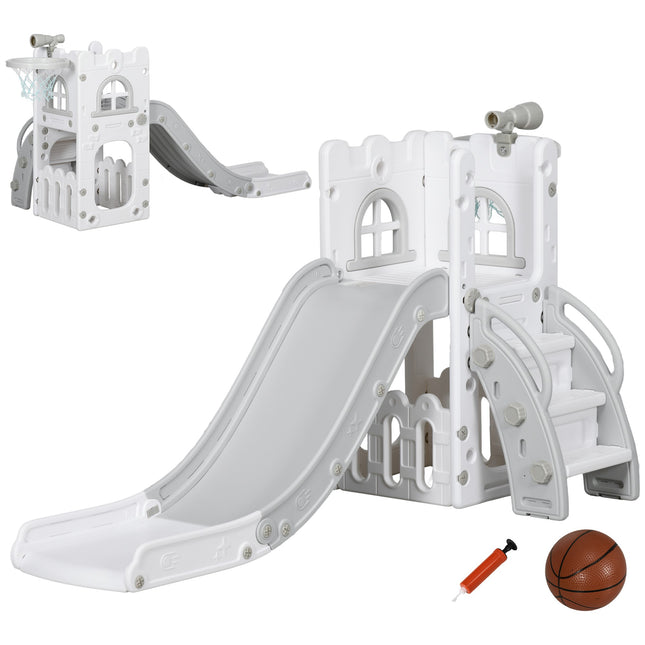 Kleinkinderrutsche 5-in-1 mit Basketballkorb, Grau, 70x177x92 cm