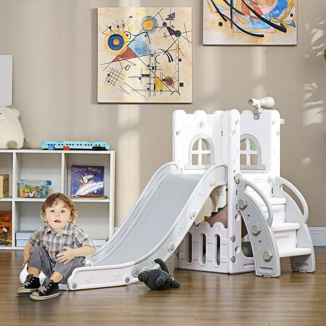 Kleinkinderrutsche 5-in-1 mit Basketballkorb, Grau, 70x177x92 cm