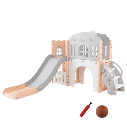 Kleinkinderrutsche 9-in-1-Spielset mit Basketballkorb, Rosa/Grau