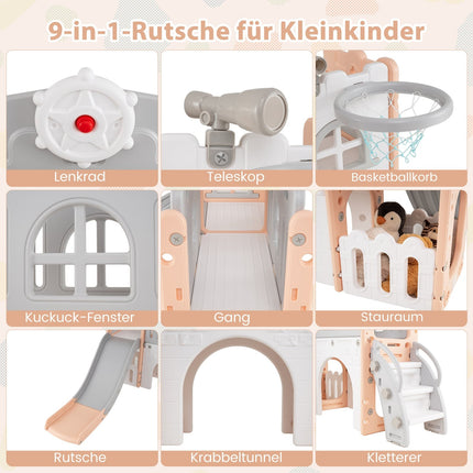 Kleinkinderrutsche 9-in-1-Spielset mit Basketballkorb, Rosa/Grau