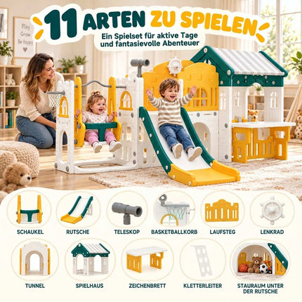 Toddler Slide and Swing Set 11-in-1 with Playhouse, Tunnel, Basketball Hoop
