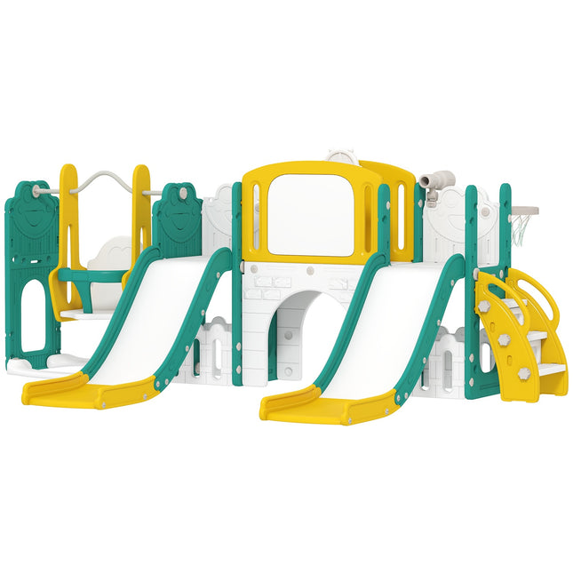 Kleinkind-Rutschbahn und Schaukel-Set mit Basketballkorb, Gelb/Grün