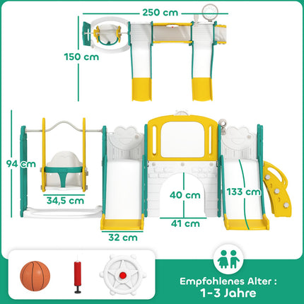 Kleinkind-Rutschbahn und Schaukel-Set mit Basketballkorb, Gelb/Grün