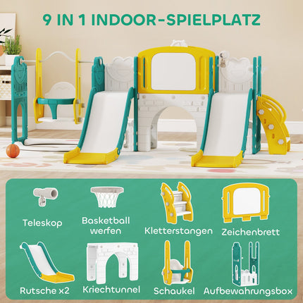 Kleinkind-Rutschbahn und Schaukel-Set mit Basketballkorb, Gelb/Grün