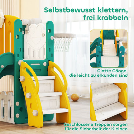 Kleinkind-Rutschbahn und Schaukel-Set mit Basketballkorb, Gelb/Grün