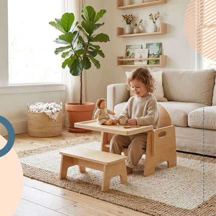 Toddler Stool with Table Attachment, Natural Wood