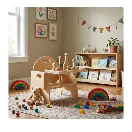 Toddler Stool with Table Attachment, Natural Wood