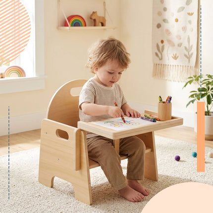 Toddler Stool with Table Attachment, Natural Wood
