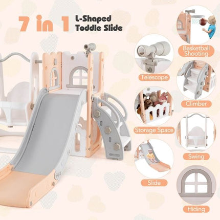 Kleinkind Schaukel- und Rutschenset, 7-in-1 L-förmig, Rosa