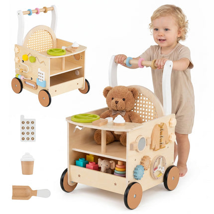 Toddler Wooden Push Walker with Activity Center and Storage