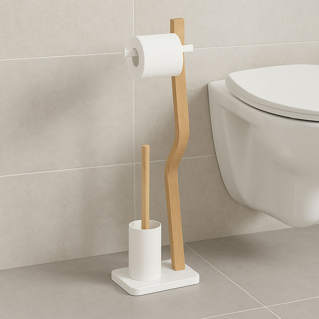 Toilet Roll Holder and Brush Set, Wood and Metal