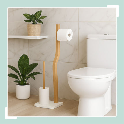 Toilettenpapierhalter und Bürstengarnitur, Holz und Metall
