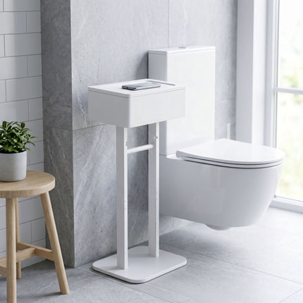 Toilet Roll Holder with Storage Shelf – White, Bamboo