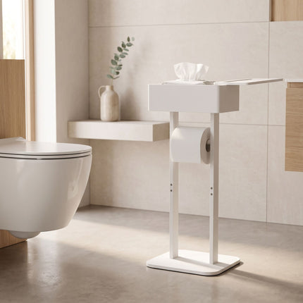 Toilet Roll Holder with Storage Shelf – White, Bamboo