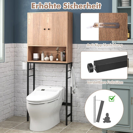 Toiletkast vrijstaand toiletplank met 2 deuren & 2 haken 63 x 23 x 165,5 cm naturel