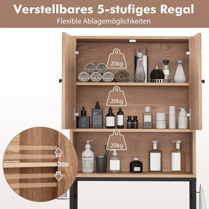 Toiletkast vrijstaand toiletplank met 2 deuren & 2 haken 63 x 23 x 165,5 cm naturel