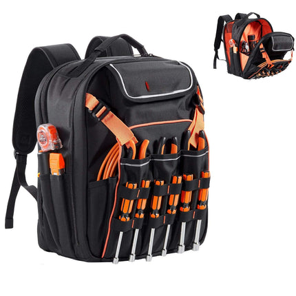 Tool Backpack, 45 Pockets, Laptop Compartment, Reinforced Base