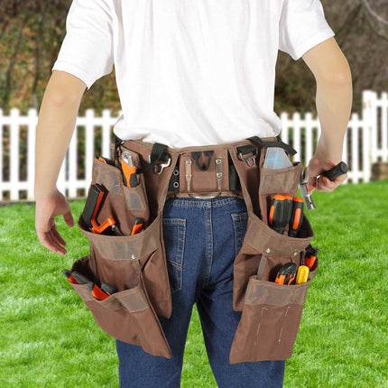 Tool Belt With 19 Pockets, Adjustable 32–54 In, Brown