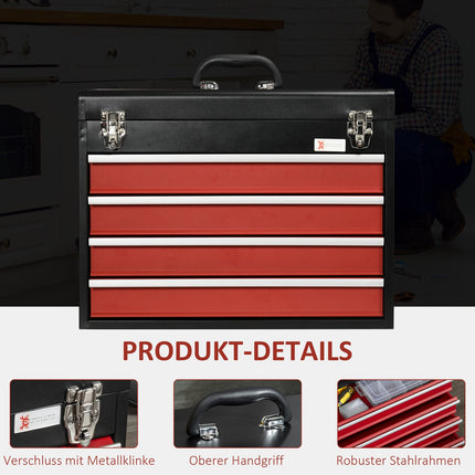 Tool box with 4 drawers, steel, lockable, black/red