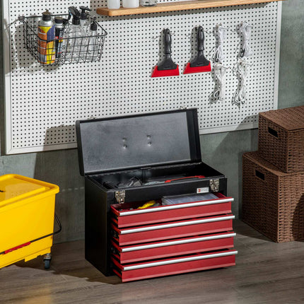 Tool box with 4 drawers, steel, lockable, black/red