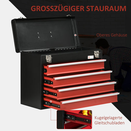 Tool box with 4 drawers, steel, lockable, black/red
