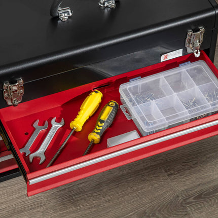 Steel tool box, lockable with handle, 3 drawers, black/red