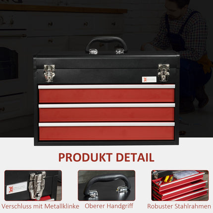 Steel tool box, lockable with handle, 3 drawers, black/red