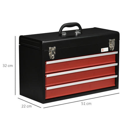 Steel tool box, lockable with handle, 3 drawers, black/red