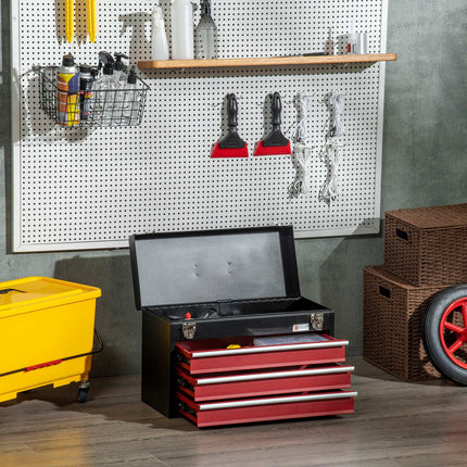Steel tool box, lockable with handle, 3 drawers, black/red
