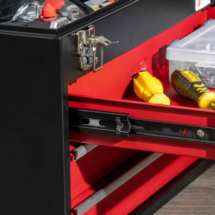 Steel tool box, lockable with handle, 3 drawers, black/red