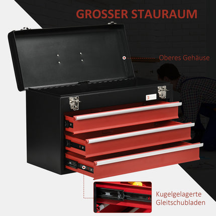 Steel tool box, lockable with handle, 3 drawers, black/red