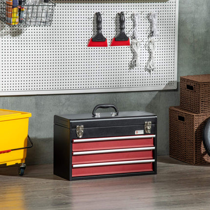 Steel tool box, lockable with handle, 3 drawers, black/red