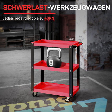 Werkzeugwagen, 3 Ablagen, Metallgestell, 120 kg Tragkraft, Rot